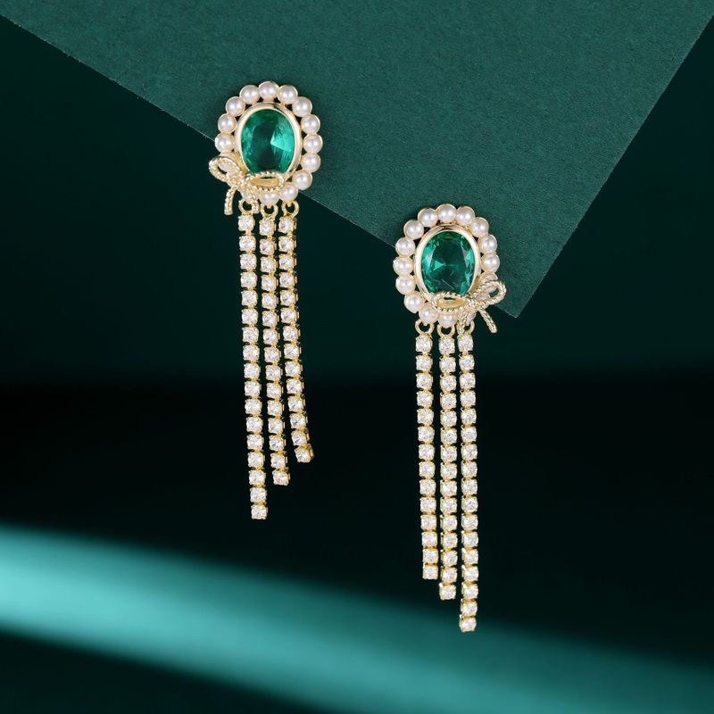 1 Pair Vintage Style Oval Inlay Copper Artificial Gemstones Drop Earrings