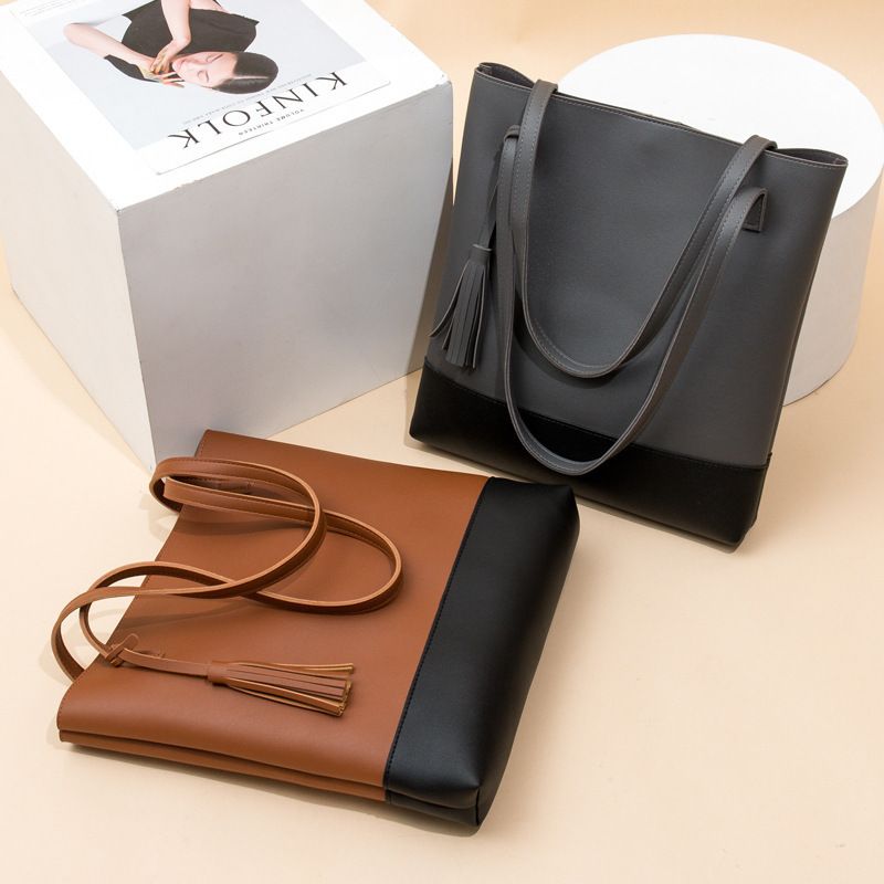 Women's Medium Leather Color Block Basic Bucket Magnetic Buckle Shoulder Bag Bucket Bag