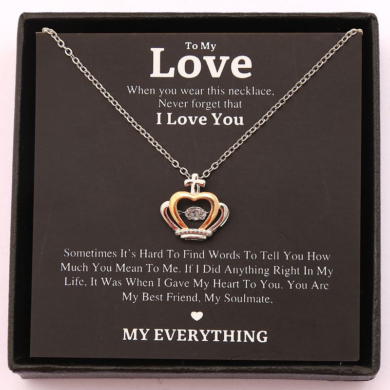 Sweet Shiny Human Heart Shape Crown Copper Plating Inlay Zircon 18k Gold Plated Pendant Necklace