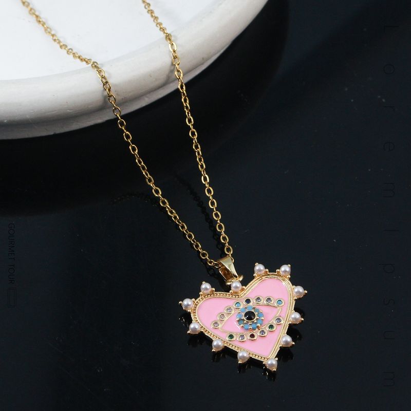 Simple Style Heart Shape Titanium Steel Copper Enamel Plating Inlay Zircon Gold Plated Pendant Necklace