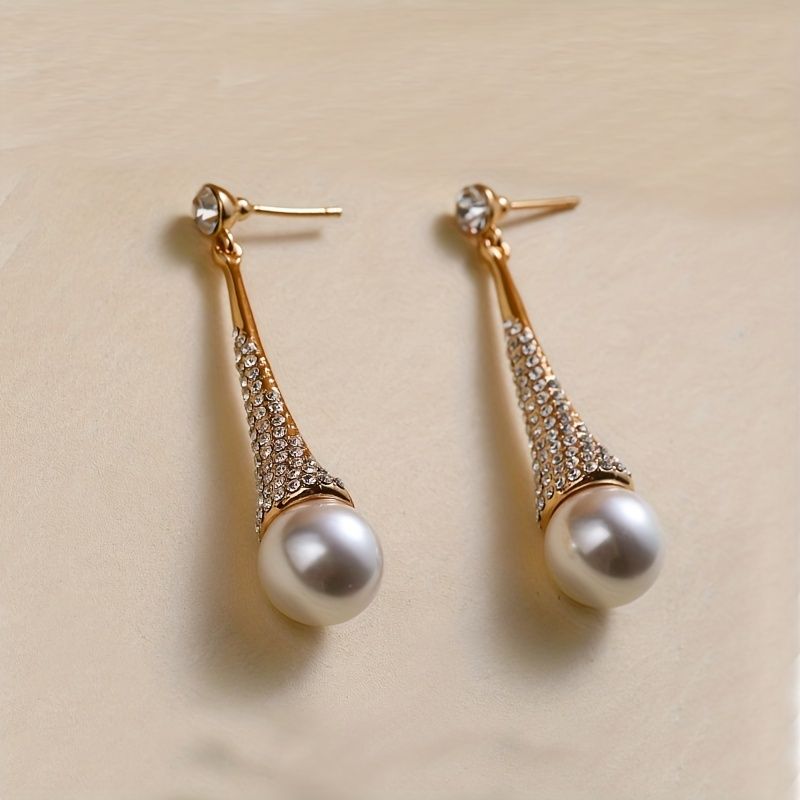 1 Pair Elegant Geometric Inlay Copper Pearl Zircon Gold Plated Drop Earrings