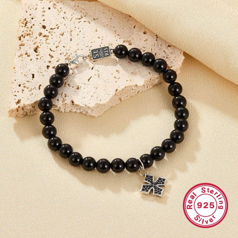 Vintage Style Simple Style Cross Agate Sterling Silver Beaded Bracelets