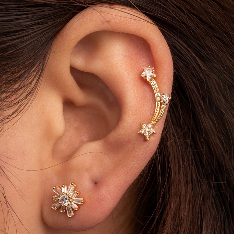 1 Pièce Boucles D'Oreilles Cartilage Style Simple Pentacle Fleur Acier Inoxydable 316 Le Cuivre Placage Incruster Zircon