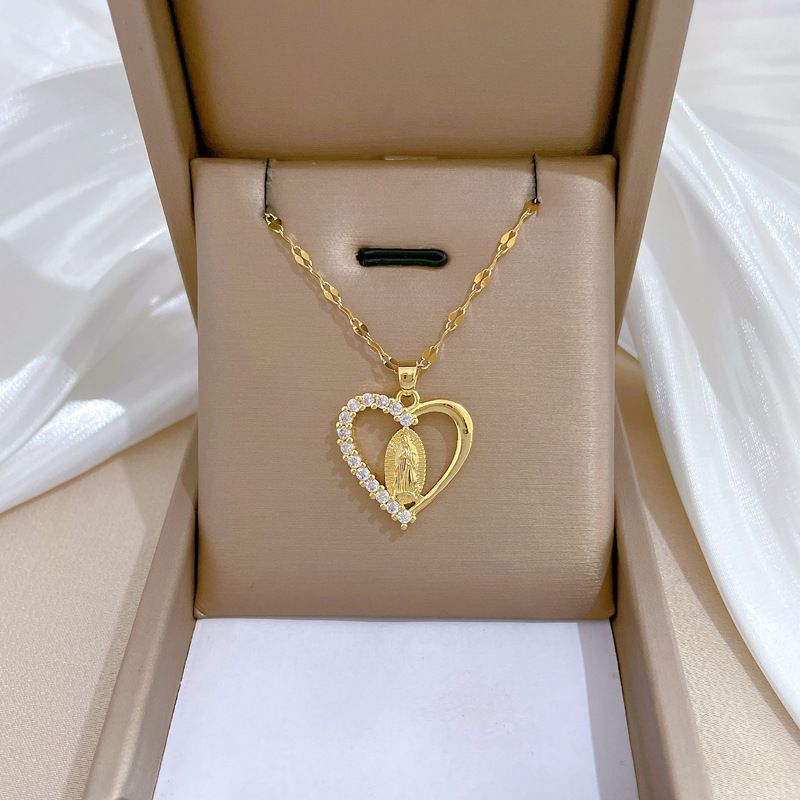 Wholesale Simple Style Heart Shape Titanium Steel Copper Plating Inlay Artificial Gemstones Pendant Necklace