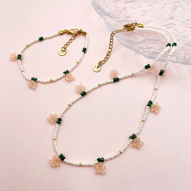 Elegant Sweet Pastoral Flower 14K Gold Plated Crystal Pearl 304 Stainless Steel Beaded Artificial Pearl Wholesale Bracelets Necklace