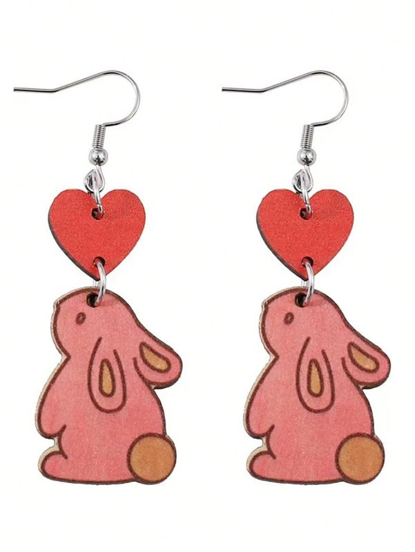 1 Pair Princess Cute Rabbit Printing Wood Drop Earrings