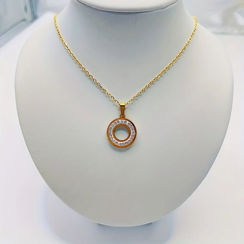 Stainless Steel Gold Plated Lady Plating Inlay Circle Rhinestones Pendant Necklace