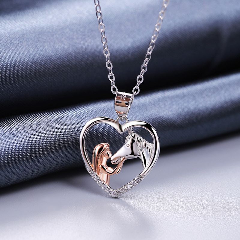 Lady Heart Shape Sterling Silver Plating Inlay Zircon White Gold Plated Pendant Necklace