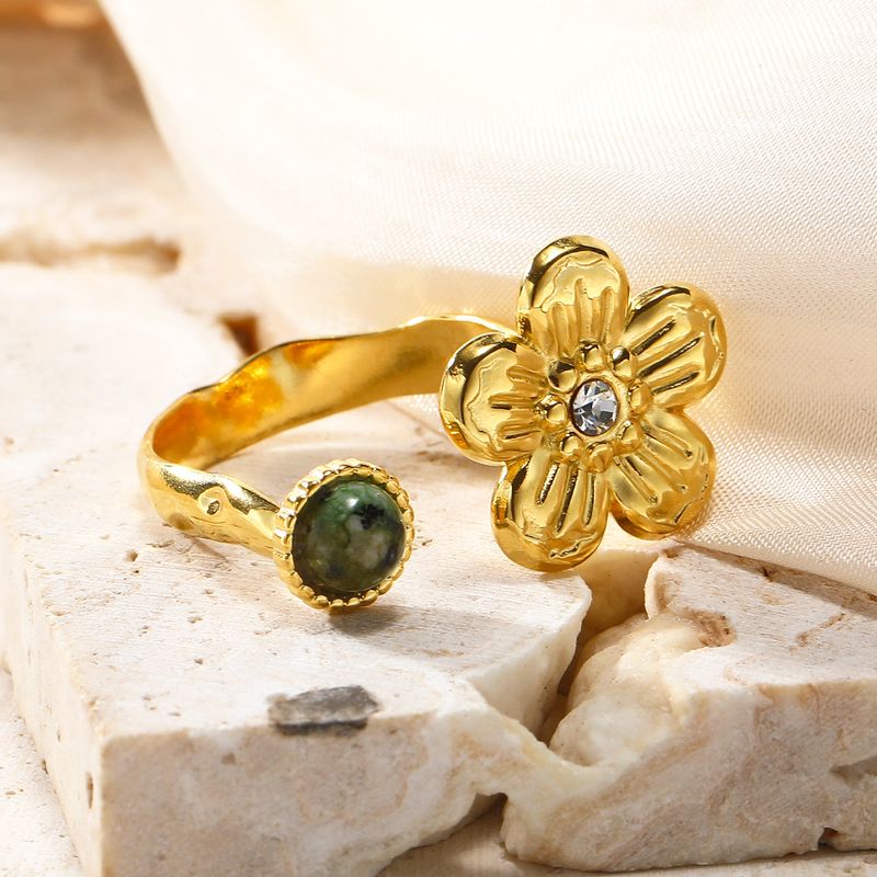 304 Stainless Steel 14K Gold Plated Simple Style Plating Inlay Flower Natural Stone Zircon Open Rings