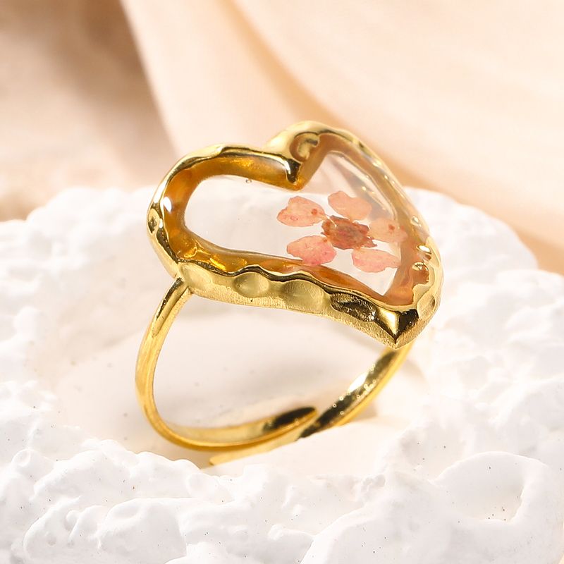 Edelstahl 304 14 Karat Vergoldet Einfacher Stil Überzug Herzform Blume Offener Ring