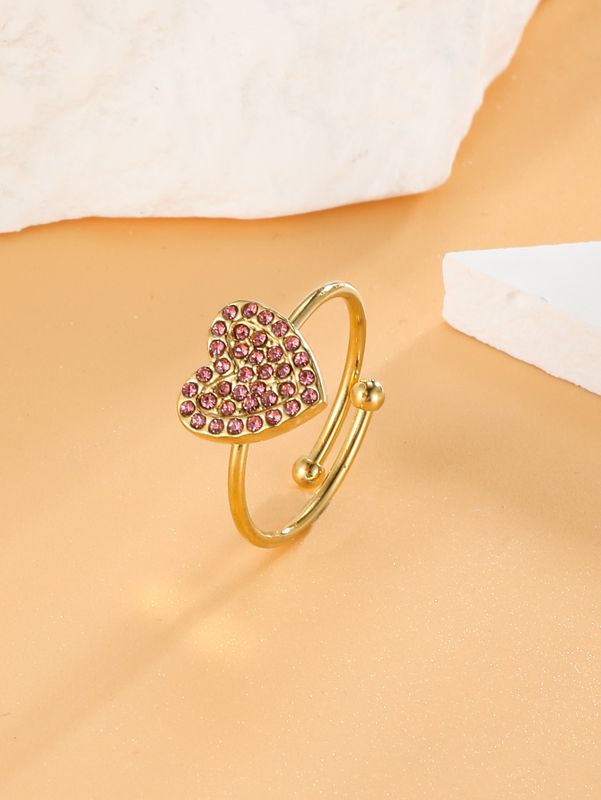 304 Stainless Steel 18K Gold Plated Simple Style Plating Inlay Heart Shape Zircon Open Rings