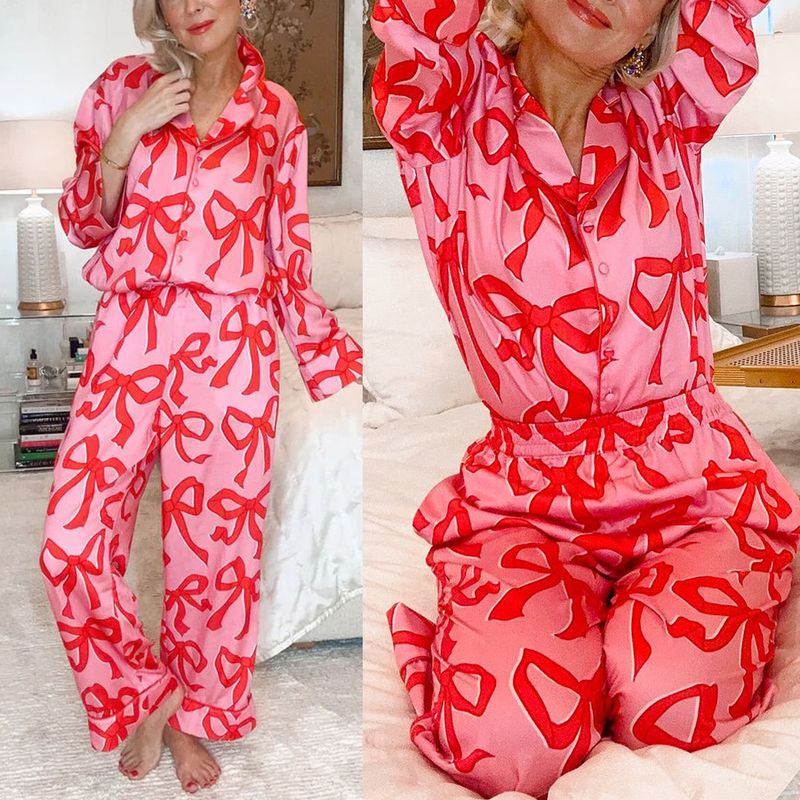 Daily Women's Casual Bow Knot Polyester Pants Sets Pajama Sets