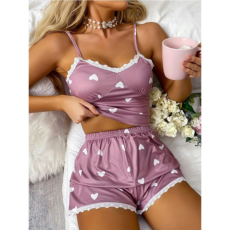 Home Women's Lady Modern Style Heart Shape Polyester Milk Fiber Shorts Sets Pajama Sets