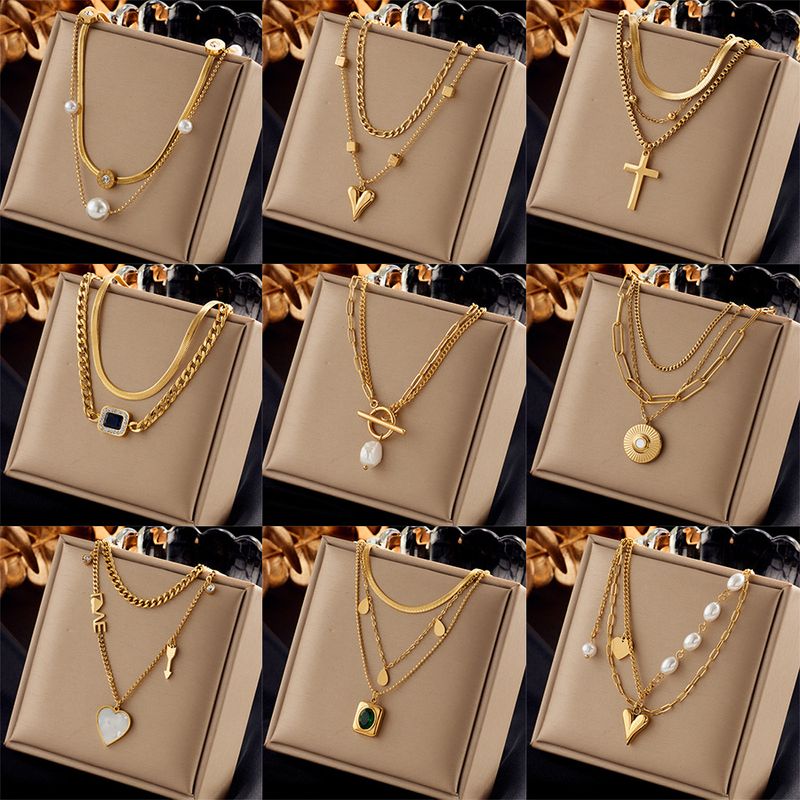 Ig Style Simple Style Geometric Titanium Steel Plating Inlay Artificial Pearls Rhinestones Shell Necklace