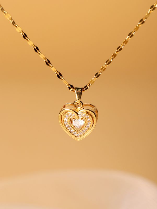 Elegant Simple Style Heart Shape Stainless Steel Plating Zircon 18k Gold Plated Pendant Necklace
