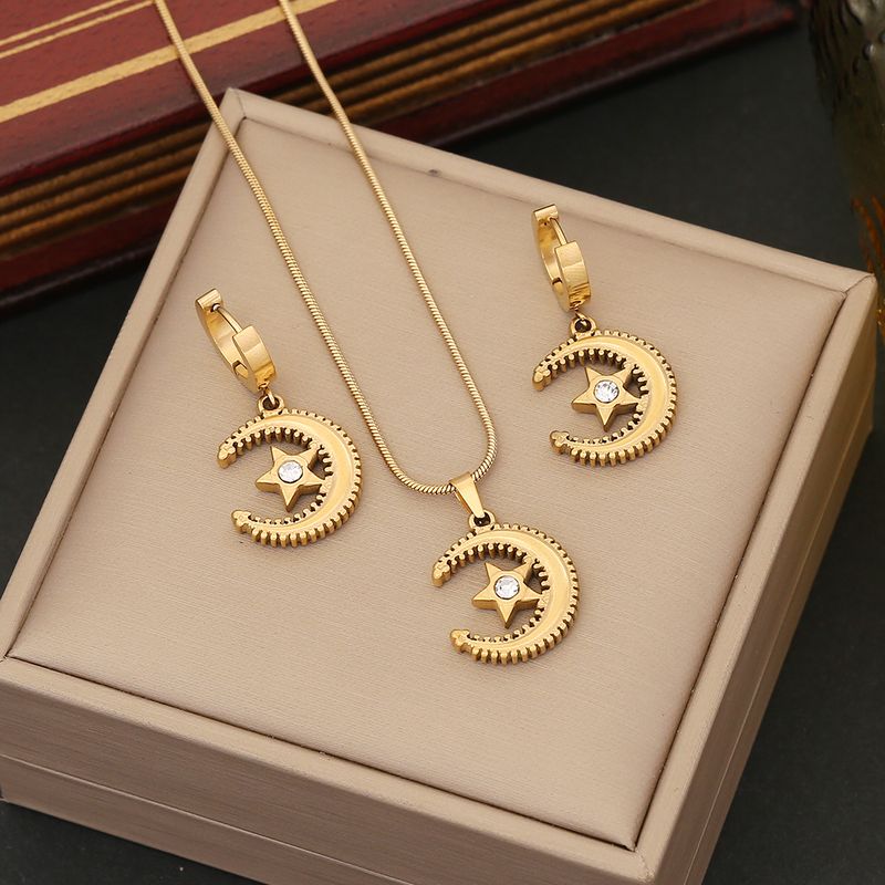 Stainless Steel 18K Gold Plated Simple Style Plating Star Moon Zircon Earrings Necklace
