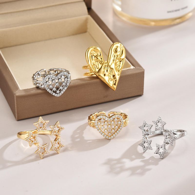 Stainless Steel Copper Sweet Simple Style Plating Star Heart Shape Zircon Adjustable Ring