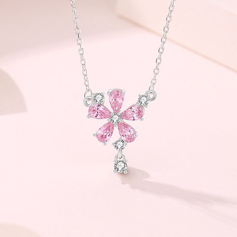 Ig Style Sweet Flower Sterling Silver Polishing Plating Inlay Zircon Pendant Necklace