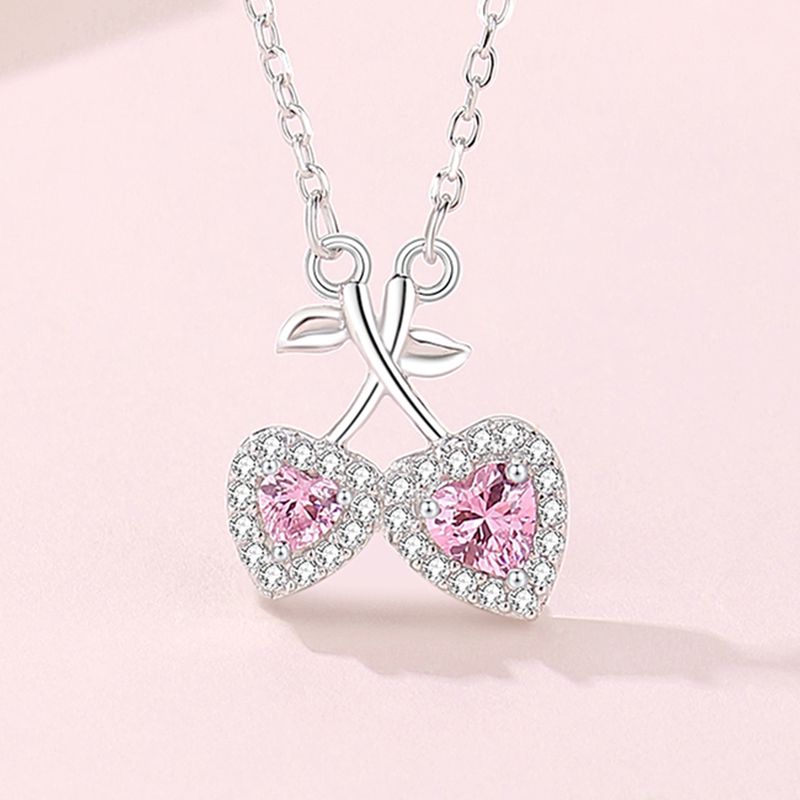 Ig Style Sweet Cherry Heart Shape Sterling Silver Polishing Plating Inlay Zircon Pendant Necklace