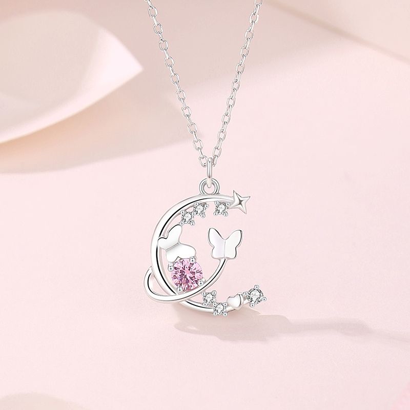 Ig Style Sweet Butterfly Sterling Silver Plating Inlay Zircon Pendant Necklace