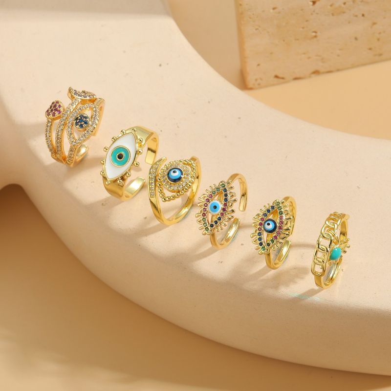 Ig Style Simple Style Devil's Eye Copper Enamel Plating Inlay Zircon 14k Gold Plated Open Rings