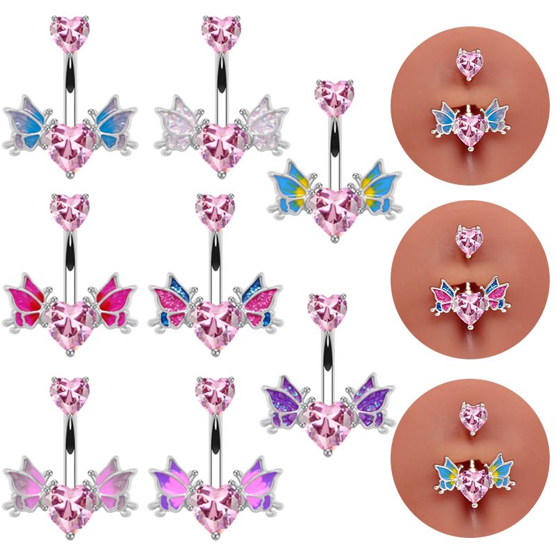 1 Piece Belly Rings Sexy Heart Shape Wings Butterfly 316 Stainless Steel  Alloy Inlay Rhinestones Glass White Gold Plated