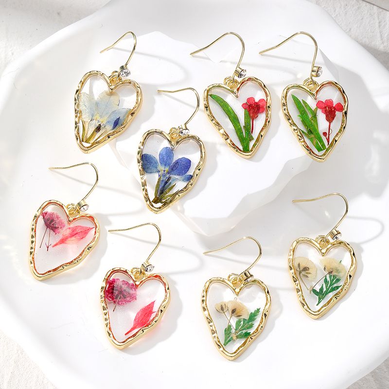 1 Par Lindo Vacaciones Estilo Simple Forma De Corazón Flor Epoxy Embutido Resina Diamantes De Imitación Pendientes De Gota