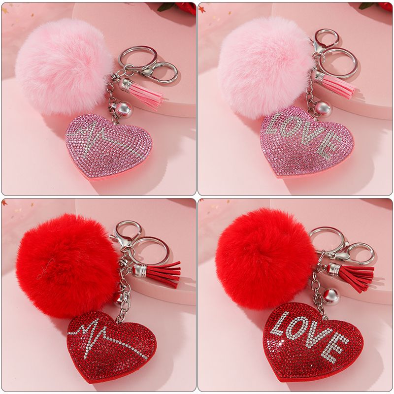 Einfacher Stil Liebe Herzform Legierung Koreanischer Samt Pompons Quaste Inlay Strasssteine Valentinstag Taschenanhänger Schlüsselbund