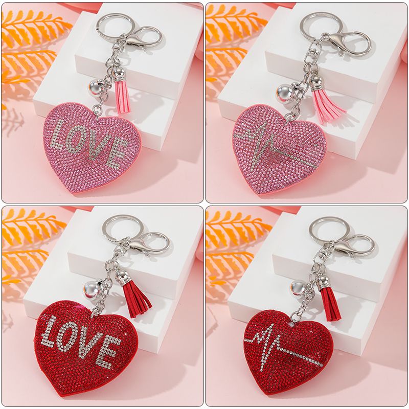 Simple Style Love Electrocardiogram Heart Shape Alloy Korean Velvet Tassel Inlay Rhinestones Bag Pendant Keychain