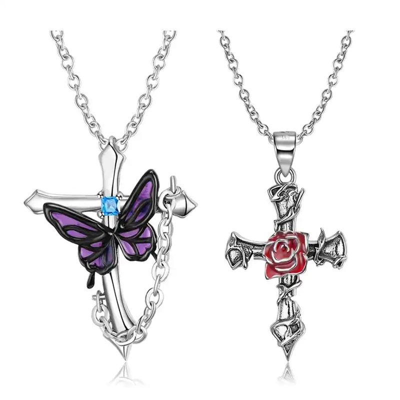1 Piece Retro Cross Rose Butterfly Sterling Silver Plating Inlay Jewelry Accessories