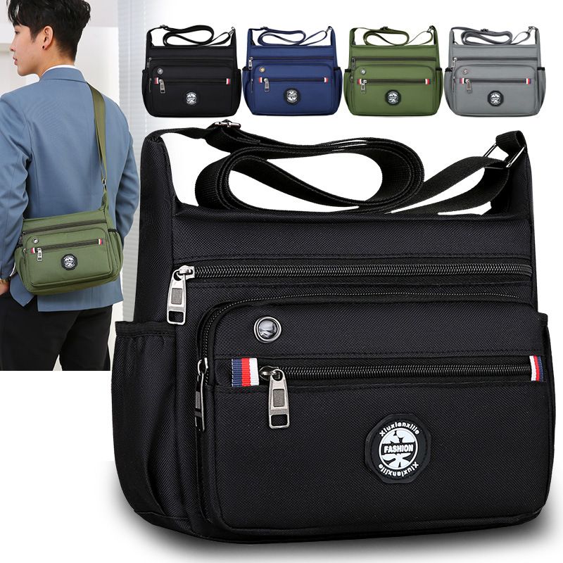 Men's Small Nylon Solid Color Classic Style Square Zipper Shoulder Bag