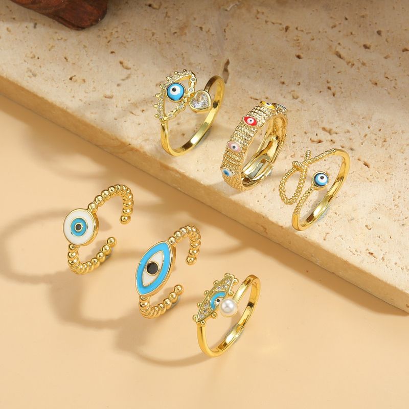 Vintage-stil Einfacher Stil Pendeln Teufels Auge Kupfer Überzug Inlay Zirkon 14 Karat Vergoldet Offener Ring