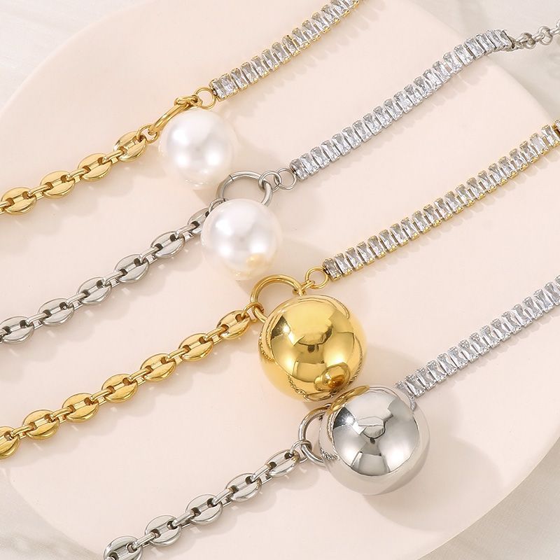 Imitation Pearl Titanium Steel 18K Gold Plated IG Style Simple Style Plating Inlay Round Zircon Pendant Necklace
