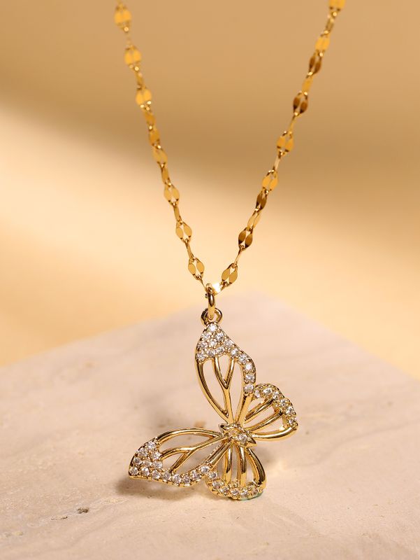 Elegant Butterfly Stainless Steel Plating Inlay Zircon 18k Gold Plated Necklace