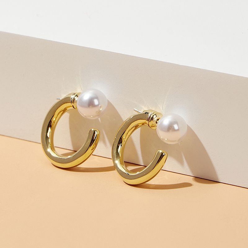 1 Paar Dame C-form Inlay Kupfer Künstliche Perlen Ohrstecker