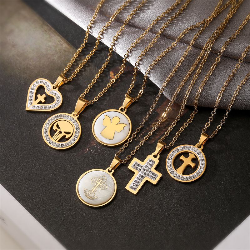 Ig Style Cross Heart Shape Skull Stainless Steel Plating Inlay Shell Zircon Pendant Necklace