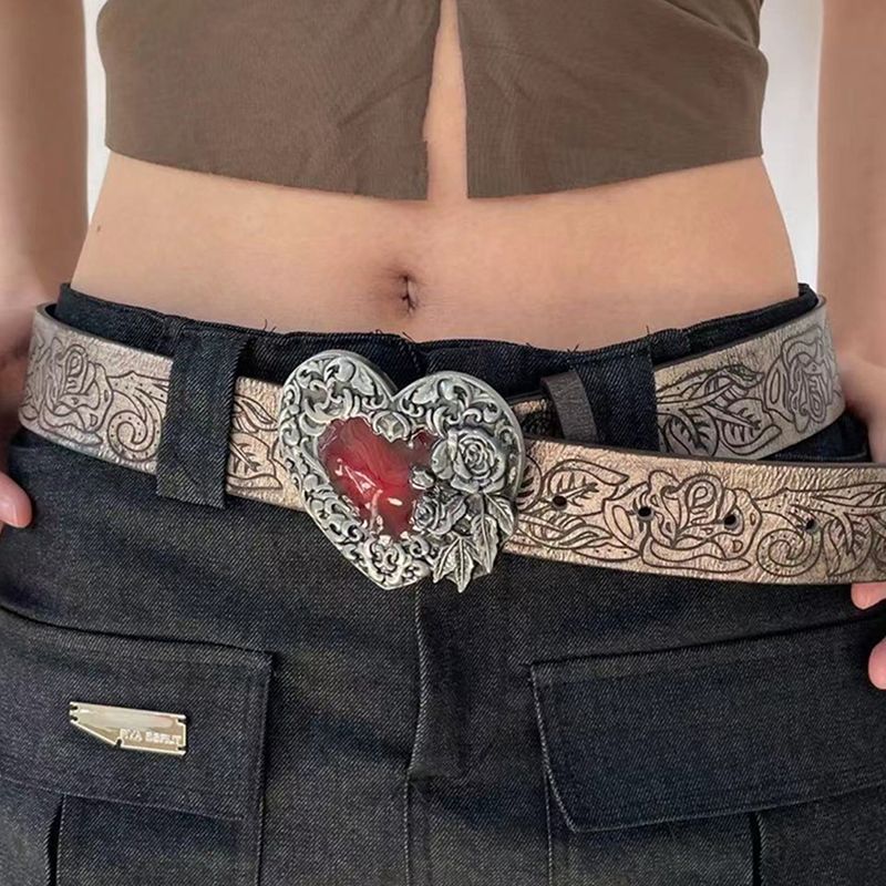 Lady Bohemian Heart Shape Flower Pu Leather Women's Leather Belts