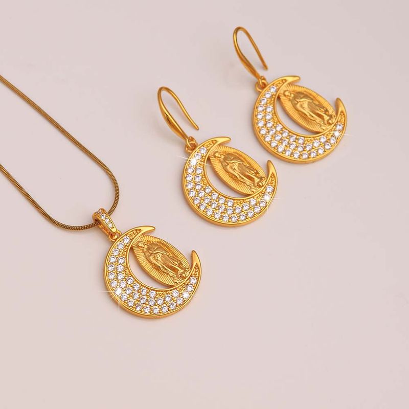 Lady Moon Stainless Steel Copper Plating Inlay Zircon 18k Gold Plated Earrings Necklace