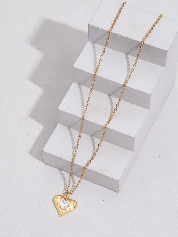 Simple Style Heart Shape Butterfly Stainless Steel Copper Inlay Zircon 18k Gold Plated Pendant Necklace