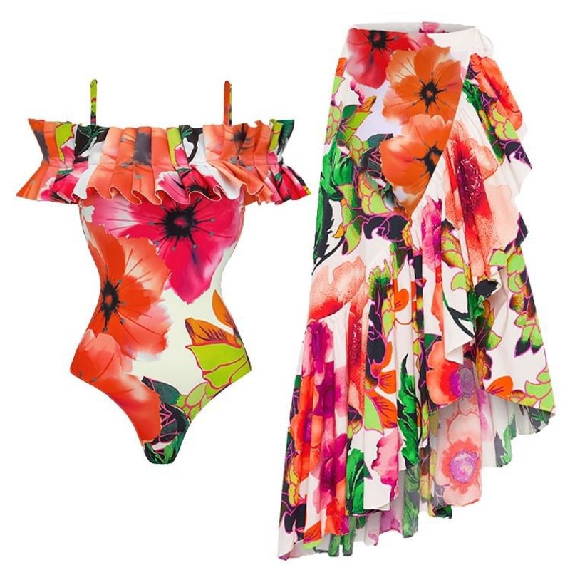 Women's Elegant Ditsy Floral Color Block 2 Pieces Set One Piece Swimwear