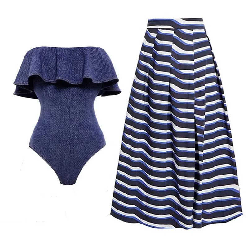 Women's Beach Modern Style Stripe 2 Pieces Set One Piece Swimwear