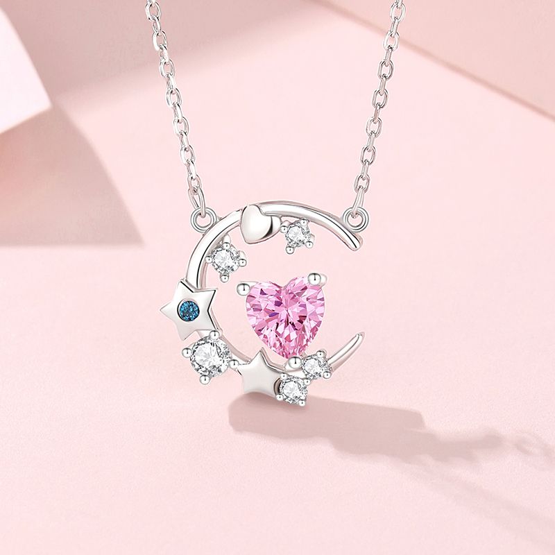 Lady Star Moon Butterfly Sterling Silver Inlay Artificial Gemstones Pendant Necklace
