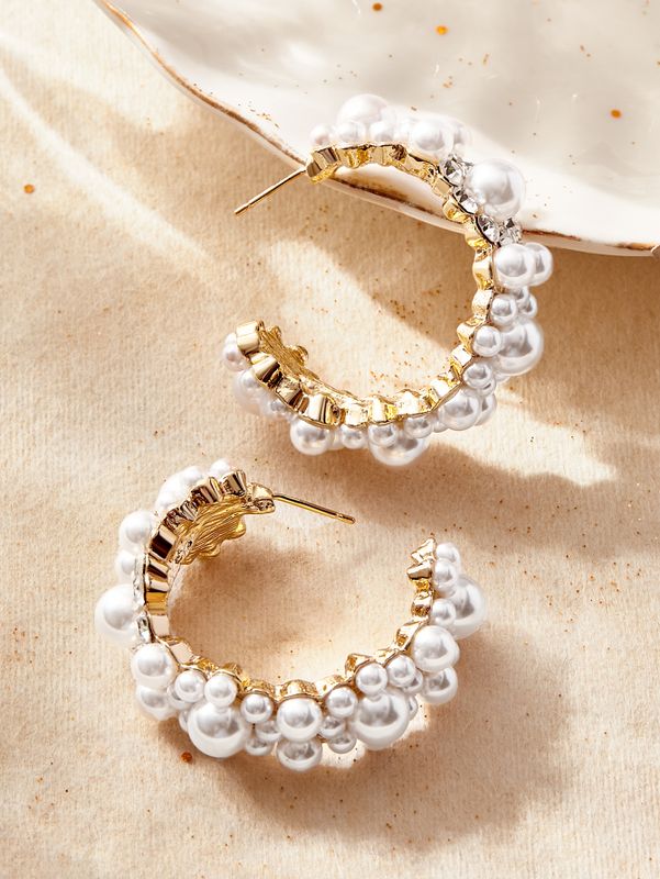 1 Pair Elegant Simple Style C Shape Inlay Alloy Artificial Pearls Earrings