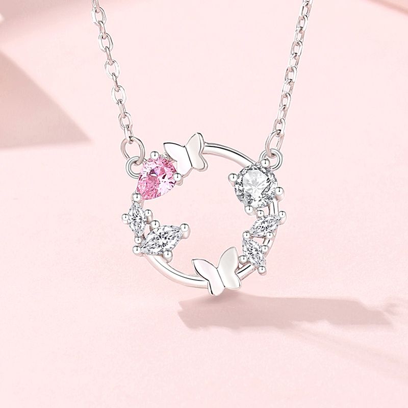 Casual Vintage Style Simple Style Wreath Butterfly Sterling Silver Inlay Zircon Pendant Necklace