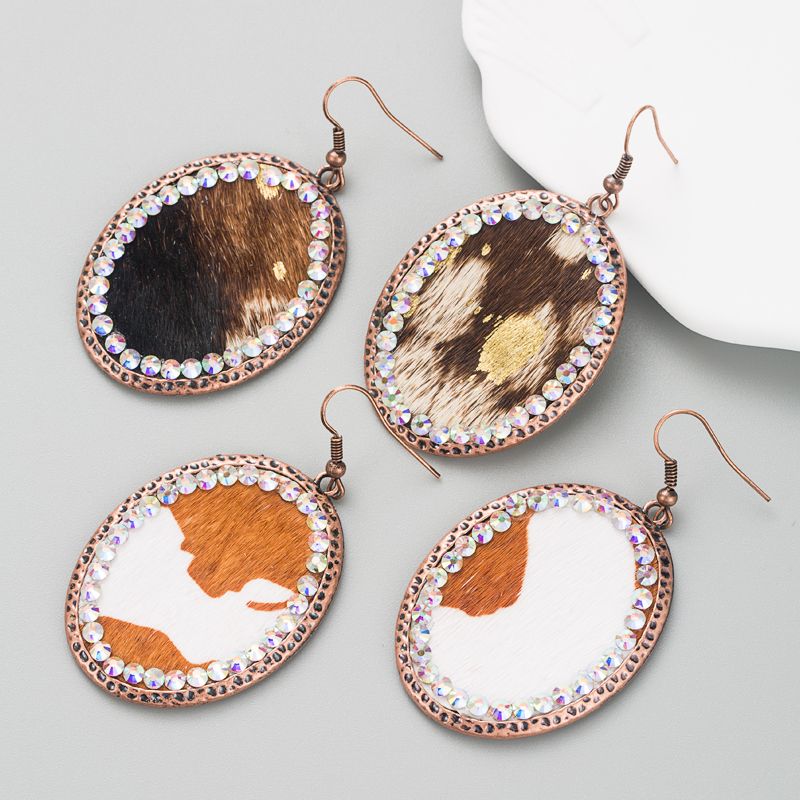 1 Pair Retro Ethnic Style Oval Leopard Inlay Pu Leather Alloy Rhinestones Drop Earrings