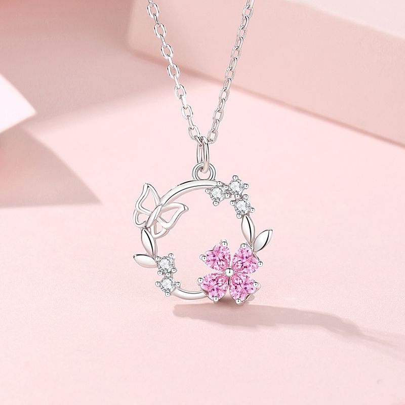 Simple Style Classic Style Flower Wreath Butterfly Sterling Silver Inlay Zircon Pendant Necklace