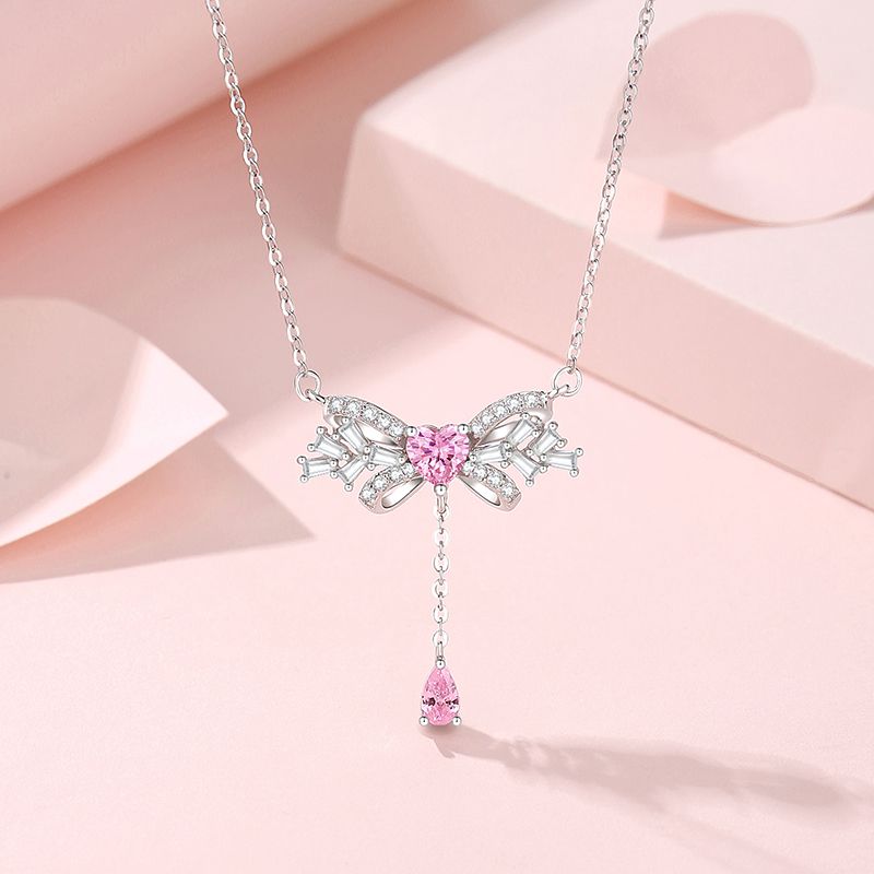Simple Style Tassel Bow Knot Sterling Silver Inlay Zircon Pendant Necklace