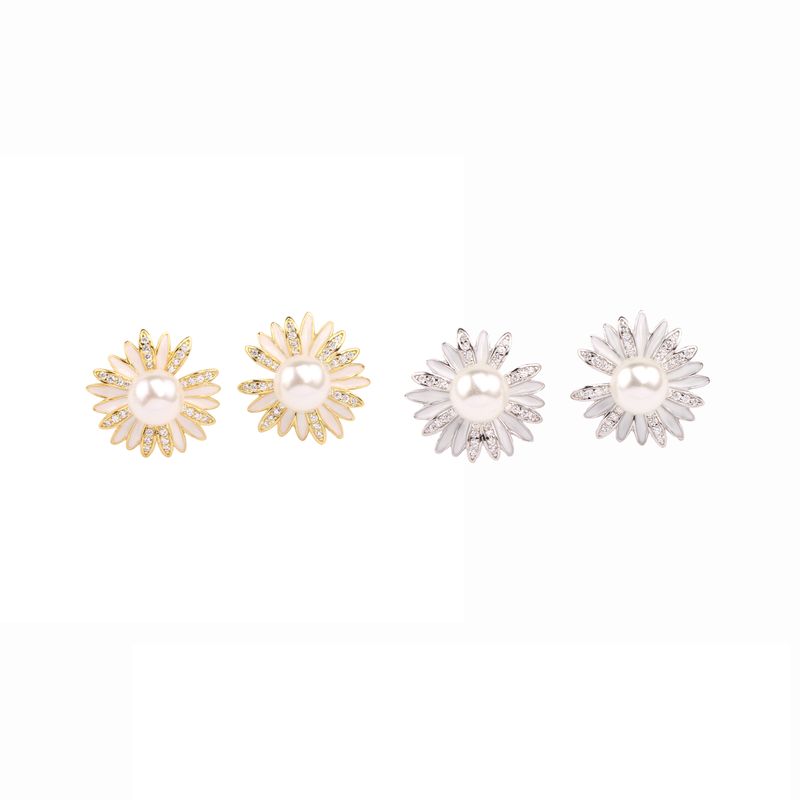 1 Par Elegante Dulce Flor Embutido Plata Esterlina Diamantes De Imitación Perla Chapado En Oro Pendientes