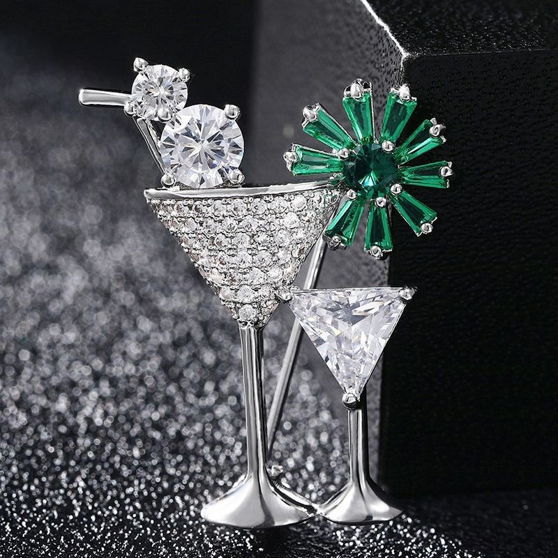 Simple Style Wine Glass Copper Inlay Zircon Women's Brooches