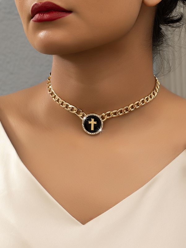 Ig Style Simple Style Cross Alloy Enamel Plating Inlay Rhinestones Gold Plated Women's Necklace